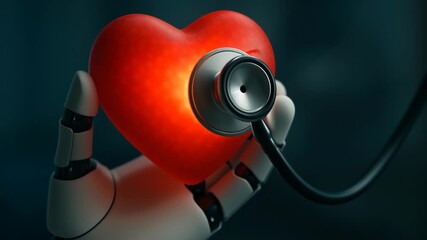 Medical AI integration with robotic hand holding heart and stethoscope symbolizing advanced healthcare innovation and technology - Powered by Adobe