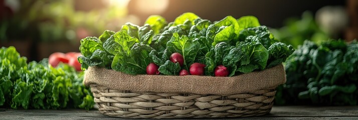 Fresh greens and radishes in a rustic basket