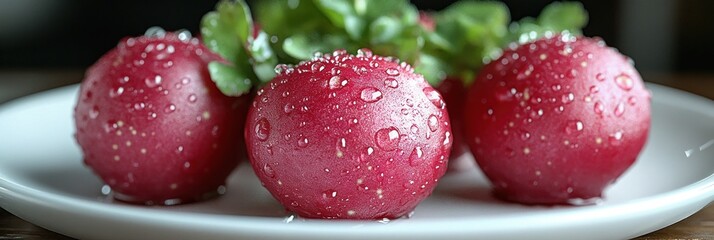 Close-up of red radishes with water droplets on a white plate