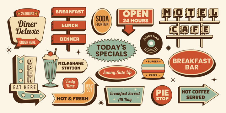 Retro sticker set. Dinner lunch breakfast diner signs,motel signboards,burger,milkshake,arrows and more. Vector illustration in vintage colors mid century 50s, food flyer,travel design,restaurant menu