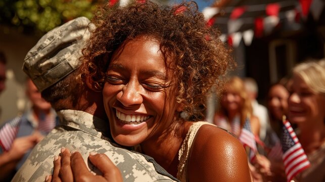 Emotional Military Homecoming Reunion With Woman Hugging Soldier Holding American Flag Outdoors