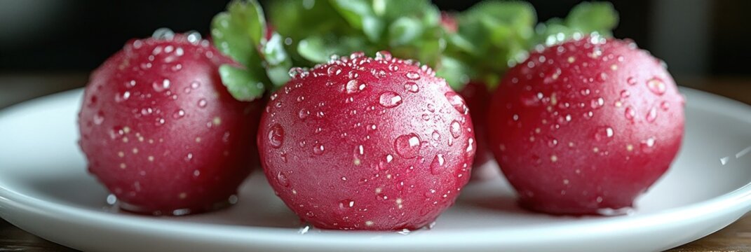 Close-up of red radishes with water droplets on a white plate - Powered by Adobe