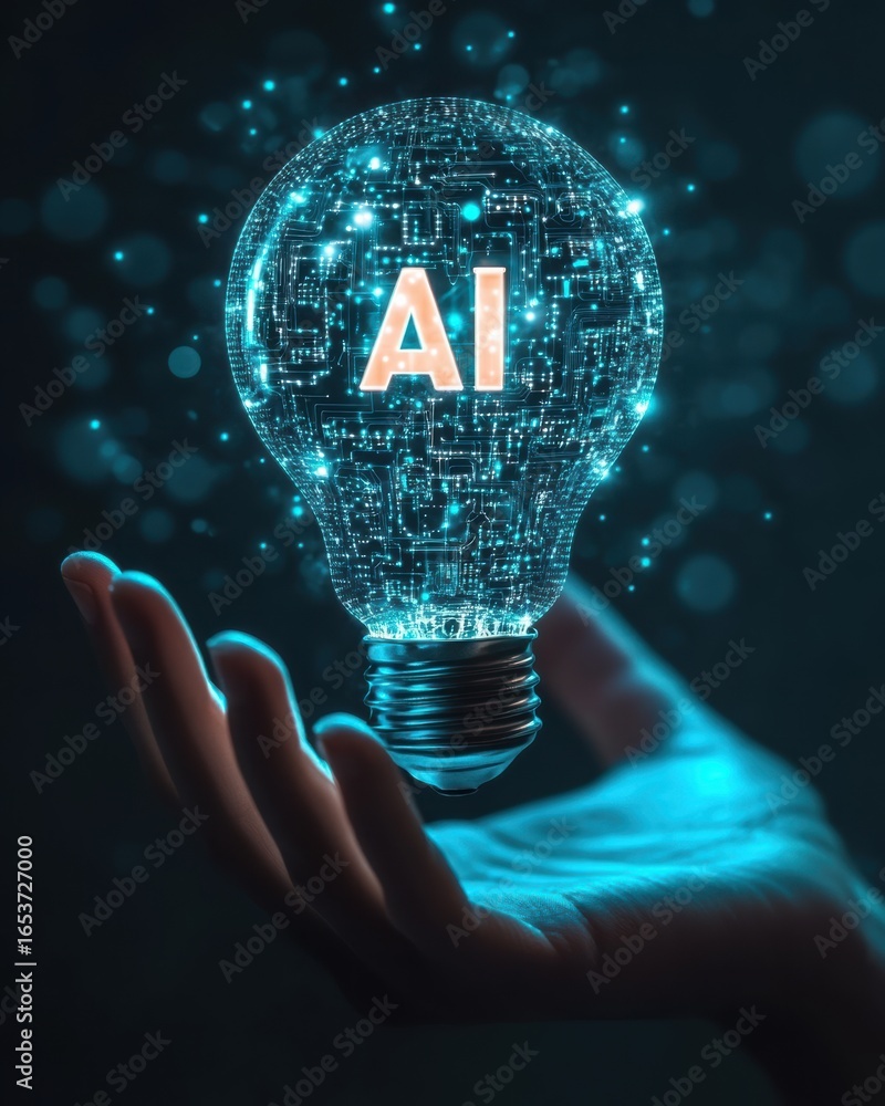 Poster ai bulb floating over illuminated palm