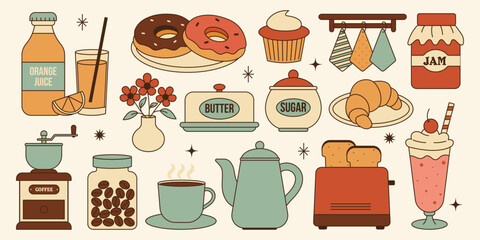 Retro breakfast food drink sticker set. Donuts coffee toast milkshake orange juice and more vintage colorful mid century 1950s style. Vector illustration for nostalgic cafe and kitchen themes
