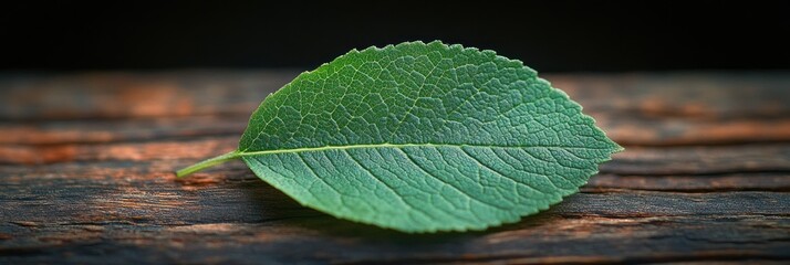 A vibrant green leaf rests on a weathered wooden surface