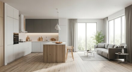 Modern open-plan living area showcasing minimalist kitchen and cozy lounge interior