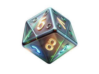 Isolated on transparent background, a single, colorful, multisided die with glowing numbers, representing games of chance and random outcomes