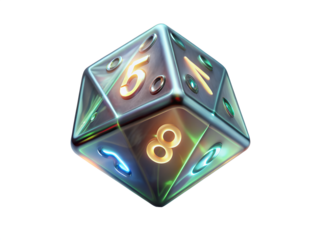 Isolated on transparent background, a single, colorful, multisided die with glowing numbers, representing games of chance and random outcomes