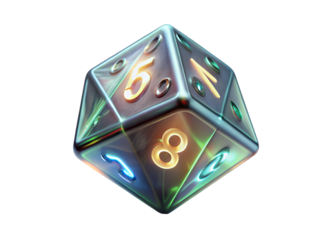 Isolated on transparent background, a single, colorful, multisided die with glowing numbers, representing games of chance and random outcomes