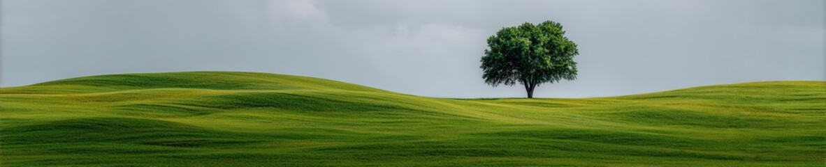 Lone Tree on Rolling Green Hills Under Overcast Sky