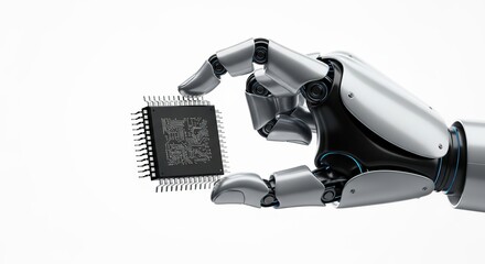 Robot hand holding a computer microchip isolated on white background