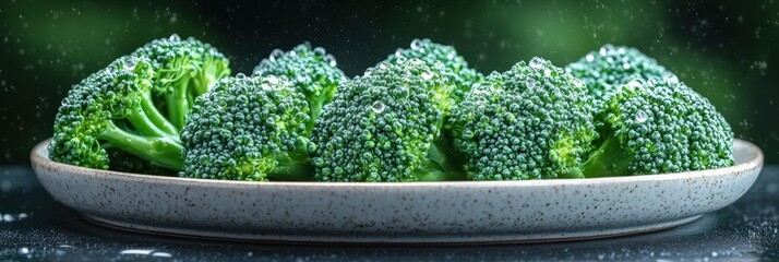 Fresh broccoli florets, glistening with water droplets, arranged on a light gray plate