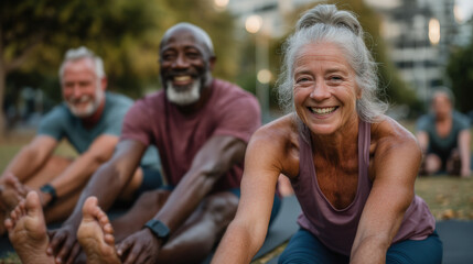 Happy Seniors Practicing Outdoor Stretching Exercise in Urban Park