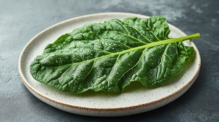 Fresh, vibrant green leaf on a light-colored plate, droplets on surface