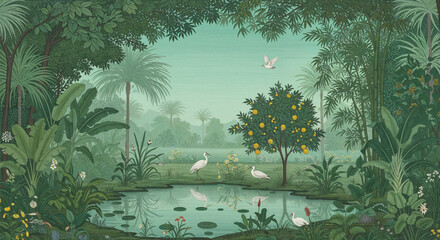 Vibrant tropical forest vector wallpaper with jungle plants, flowers, swamp, and exotic birds, artistic mural illustration for wall prints decor