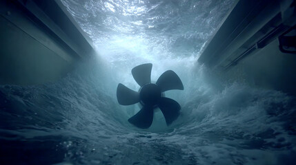 a large, five-blade propeller spins underwater, creating bubbles, in a clear, industrial tank
