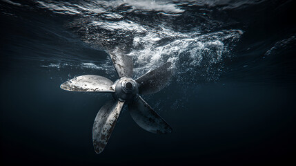 A large, five-blade propeller churns turbulent water under a submerged ship's hull