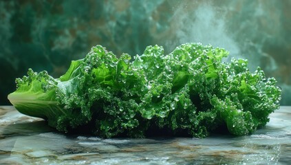 Fresh kale leaves, wet and steaming, rest on a stone surface