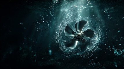 An old, rusty five-blade propeller half-submerged in murky ocean water