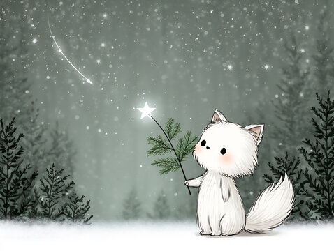 a curious white creature with big rosy cheeks looking up at a shooting star. - Powered by Adobe