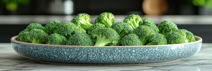 Fresh broccoli florets in a teal-colored dish on a marble surface