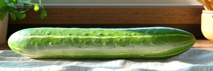 A single, fresh cucumber rests on a light-colored cloth