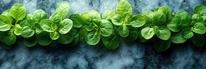Fresh green leaves arranged in a horizontal line on a textured surface