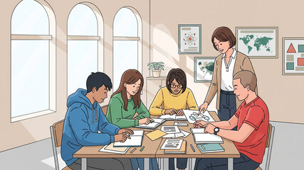 An illustration of a female teacher helping a group of students in a classroom