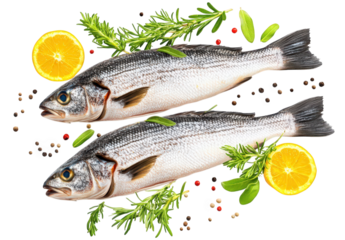 Two fresh sea bass fish with lemon, orange, and herbs isolated on transparent background