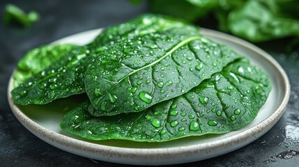 Fresh spinach leaves, wet with water droplets, on a small, light-gray plate, set against a dark background