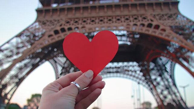 Red Heart Shape Against Eiffel Tower in Paris France Under Bright Sky Romance and Travel Theme
