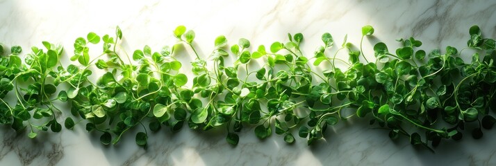 Fresh green microgreens arranged on a light marble surface