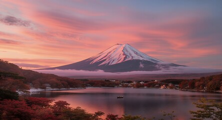 Fototapeta premium Stunning Sunrise Mountain Peak Lake Reflection Autumn Scenery