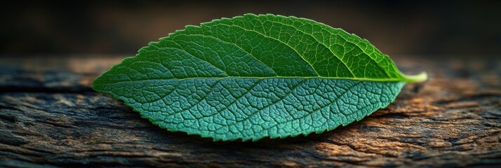 Close-up of a vibrant green leaf resting on a textured dark brown wooden surface