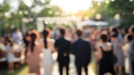 Blurred outdoor wedding party with soft natural light, warm romantic atmosphere, joyful celebration guests, floral decorations, elegant dresses, festive mood,love, romance,event celebration concept
