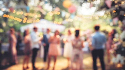 Fototapeta premium Blurred outdoor wedding party with soft natural light, warm romantic atmosphere, joyful celebration guests, floral decorations, elegant dresses, festive mood,love, romance,event celebration concept