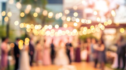 Blurred outdoor wedding party with soft natural light, warm romantic atmosphere, joyful celebration guests, floral decorations, elegant dresses, festive mood,love, romance,event celebration concept