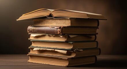 Stack of antique books with aged paper and covers, illuminating the wisdom of literary past