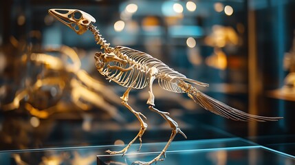 Examining Detailed Bird Skeleton Displayed in Museum Exhibit Case