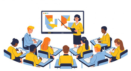 An illustration of a female teacher in a modern classroom, teaching students who are seated at individual desks