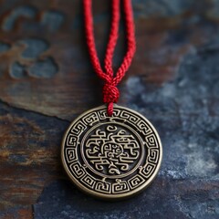 Intricate Bronze Pendant with a Red Cord Necklace Featuring a Unique Symbolic Design Enclosed in Geometric Patterns on a Textured Background