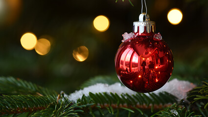 A single shiny red christmas ornament hangs from a green fir tree branch adorned with a touch of white snow with soft blurred golden bokeh lights in the background
