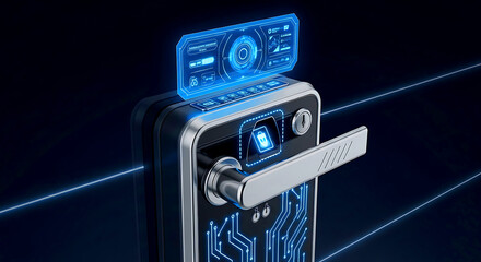 Futuristic Smart Door Lock with Holographic Interface and Blue Circuitry.