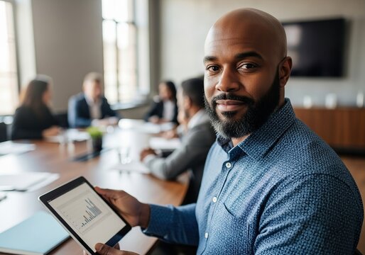 Man with tablet showing chart in a business meeting - Powered by Adobe