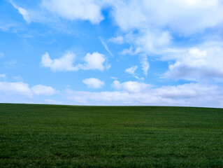 A green agricultural area with a blue sky during a summer day in northern Germany near the city of Rostock