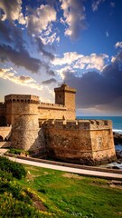 Ancient fortress by the sea at sunset