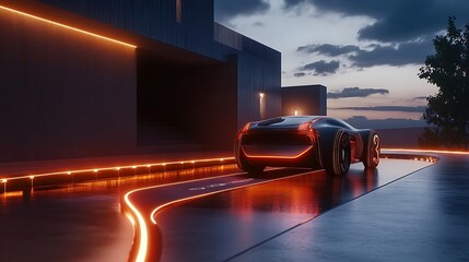 Futuristic Car Charging at Modern Home with Neon Lighting System