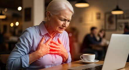 Mature woman with sudden chest pain clutching heart in cafe.