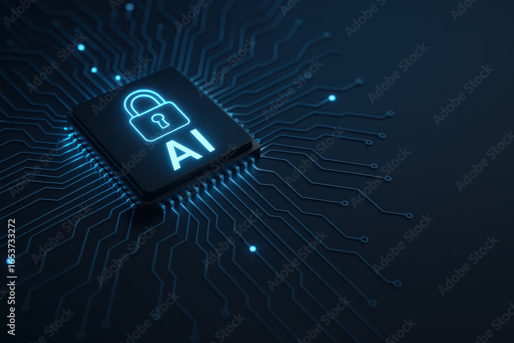 Aufkleber artificial intelligence chip with lock symbol represents cybersecurity shield and encryption for pro