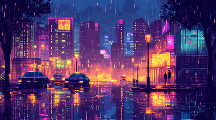 Obraz premium ネオンライトが輝く雨の夜の活気ある都市の通りのピクセルアートイラスト